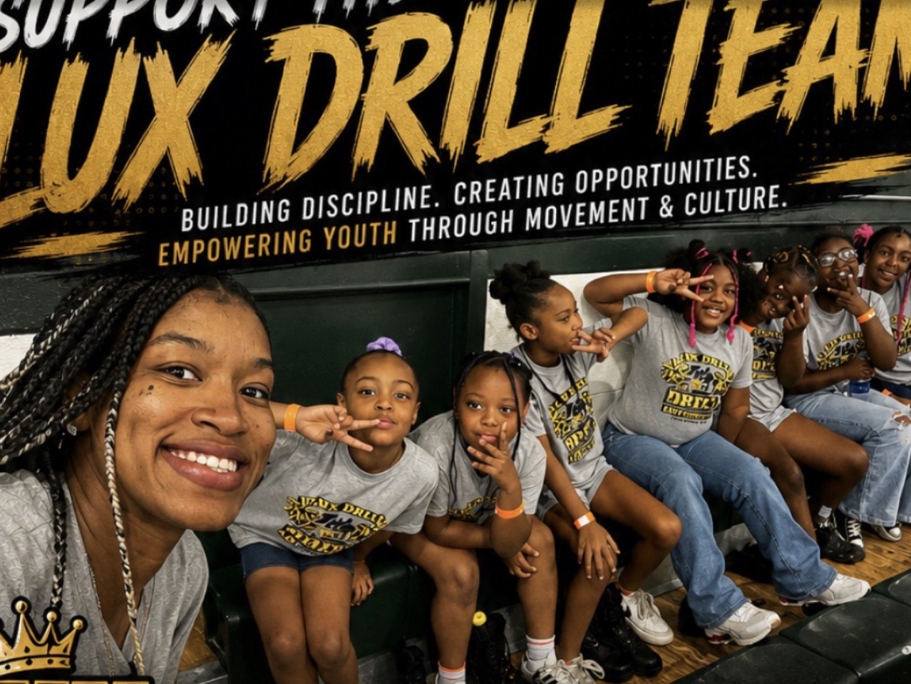 Support the Lux Drill Team: a coach and drill team members together at an event