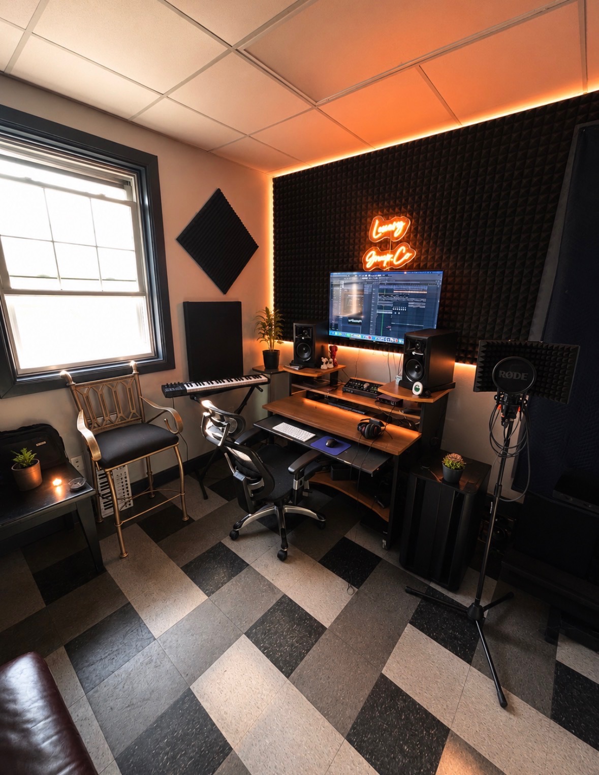 Studio A production desk with neon Luxary Group Co. sign and orange accent lighting