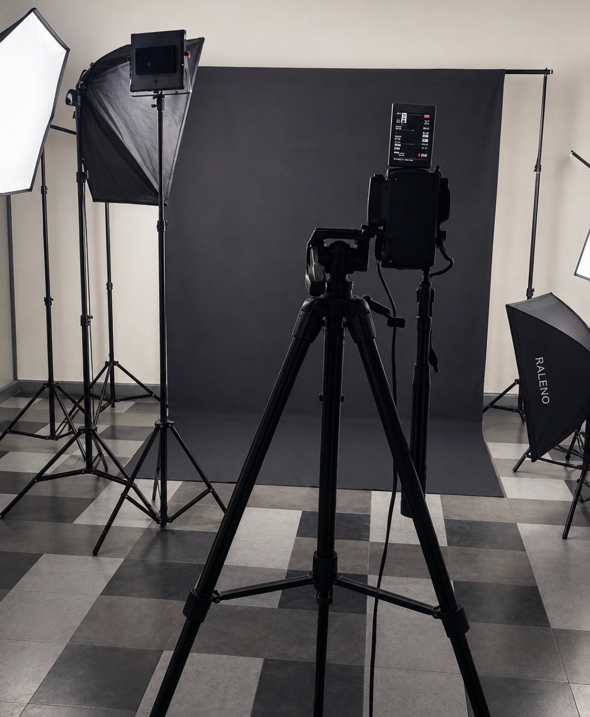 Luxary Group Co. photography studio with lighting rig, backdrop and camera