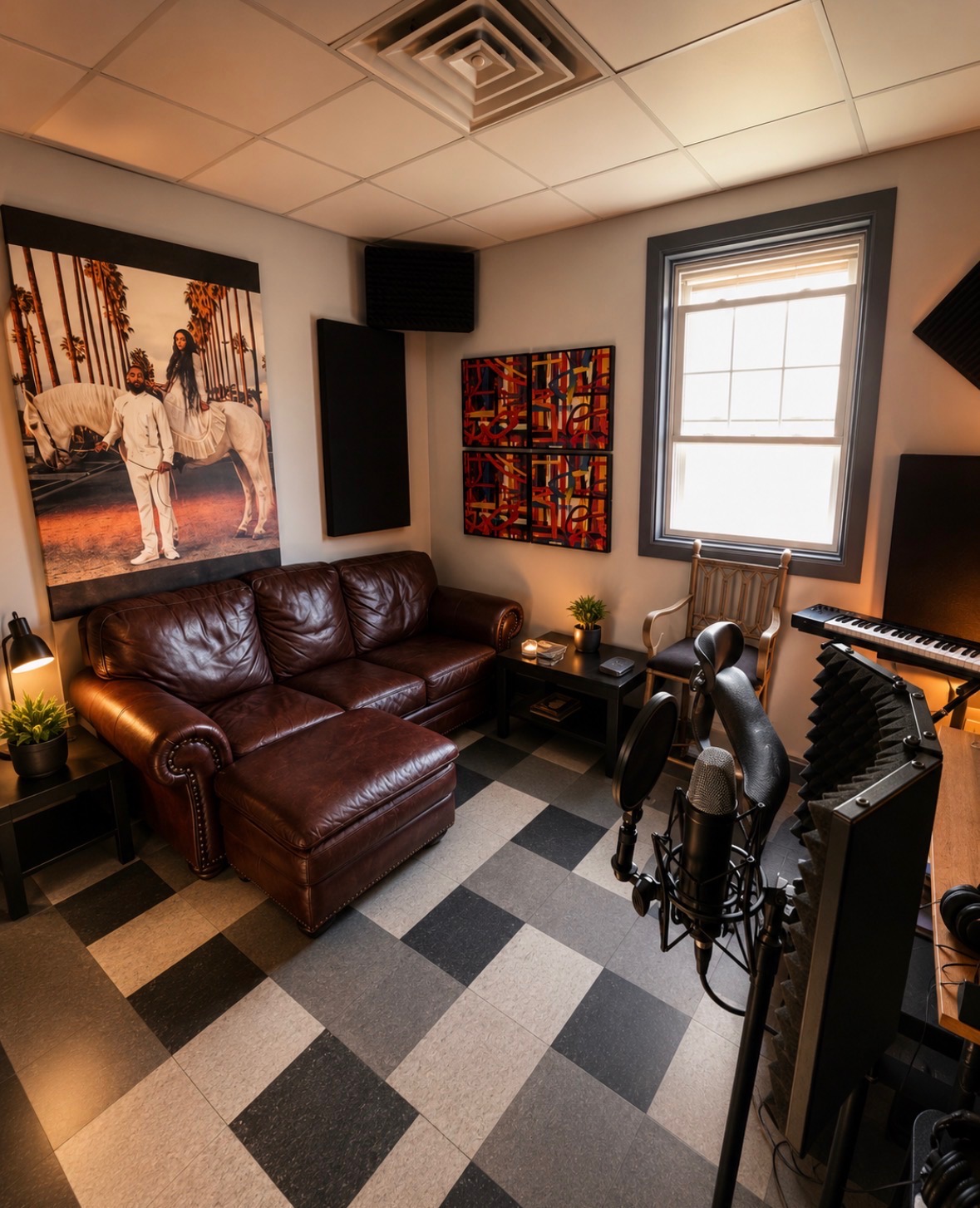 Studio A lounge with leather sofa, artwork and vocal microphone