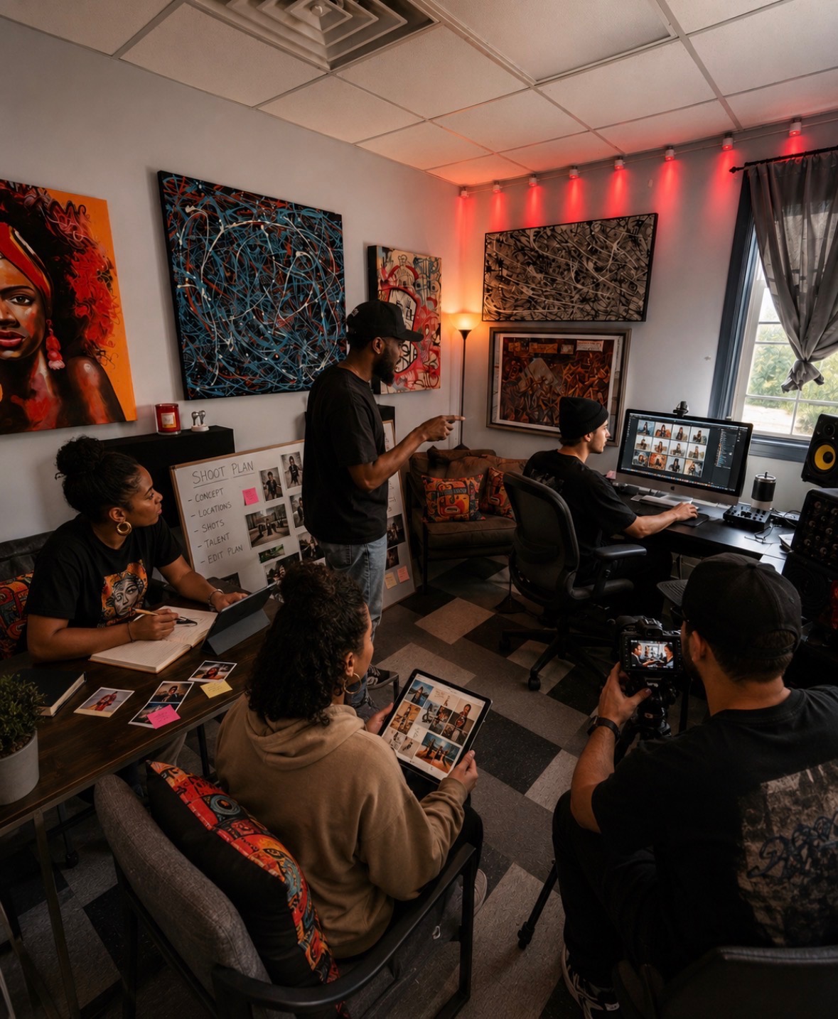 Creative team reviewing a shoot plan and photo selects on set