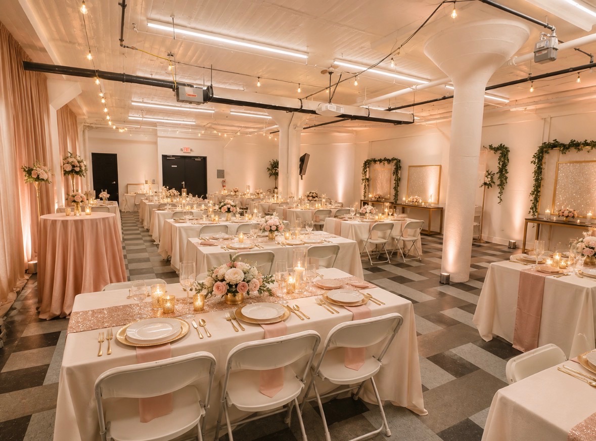 The event space set for a wedding reception with blush linens, gold chargers and floral centerpieces