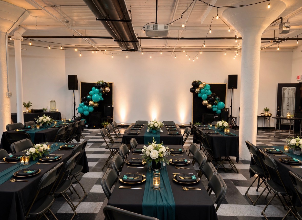 The event space set with black linens, teal runners, gold accents and balloon arches